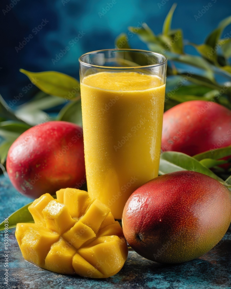Poster fresh mango smoothie in glass with ripe fruit, representing healthy eating and summer refreshment fo