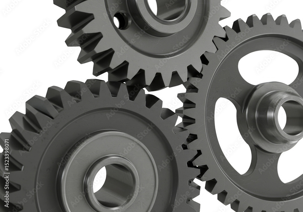 Poster realistic 3d image of three silver gears system in transparent background