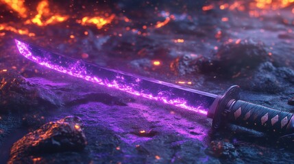 Glowing purple katana resting on rocky surface amidst volcanic lava flow