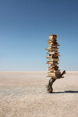 Abstract Wooden Structure Against Vast Empty Landscape Under Clear Blue Sky
