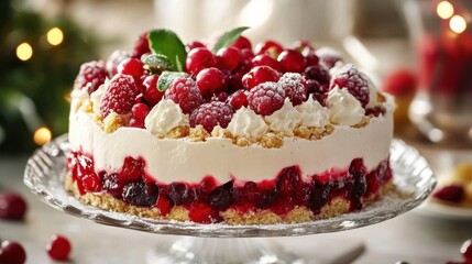 Delicious Berry Cake With Whipped Cream on Glass Stand, Symbolizing Celebration and Festive Indulgence for Food Bloggers and Holiday Promotions : Generative AI