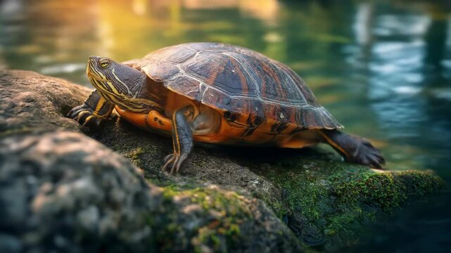 A turtle rests peacefully on a mossy rock its shell gleaming in sunlight beside still blue green water
