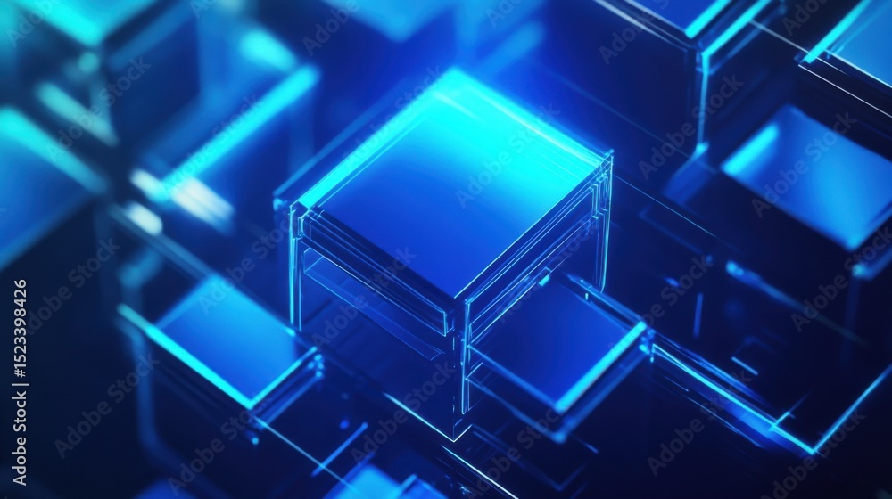 Poster Abstract Blue Glowing Cubes in Geometric Arrangement, Symbolizing Modern Technology and Digital Transformation in Business : Generative AI