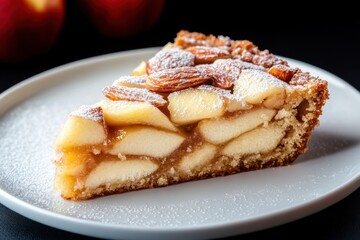 Slice of Apple Pie with Almonds and Powdered Sugar on White Plate, Representing Comfort Food and Culinary Indulgence : Generative AI