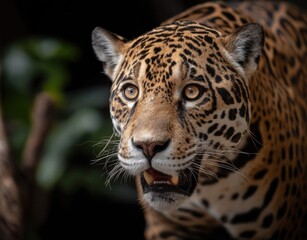 Fototapeta premium Intense Jaguar Portrait With Open Mouth, Showcasing Wildlife Conservation and Predatory Power : Generative AI