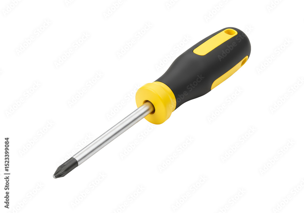 Poster screwdriver tool with yellow and black handle isolated on background