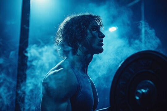 Intense Muscle-Building Workout. Male Athlete Lifting Weights in Smoky Gym for Maximum Strength and Fitness