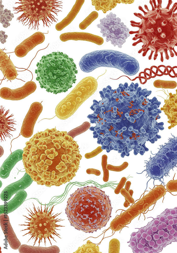 Poster seamless microscopic organisms pathogens germs in colorful abstract background