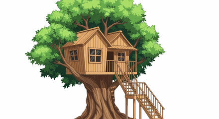 A tree house with two wooden structures, an attached porch, and stairs. The image shows a large tree with decorative green leaves on a pure white background. vector