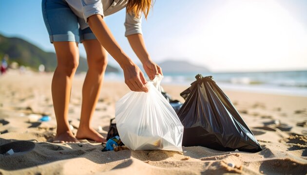 Eco-conscious woman collecting trash on the beach with a plastic bag in hand