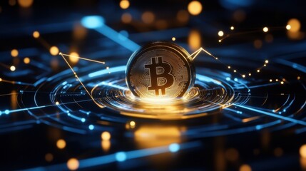 Bitcoin Cryptocurrency Coin on Glowing Circuit Board, Representing Fintech Investment and Digital Transformation in the Financial Sector : Generative AI