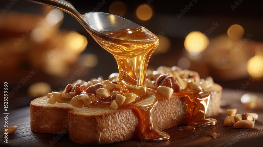 Poster Honey Being Poured Over Toast With Nuts, Representing Indulgence and Culinary Delights for Food Bloggers and Recipe Websites : Generative AI