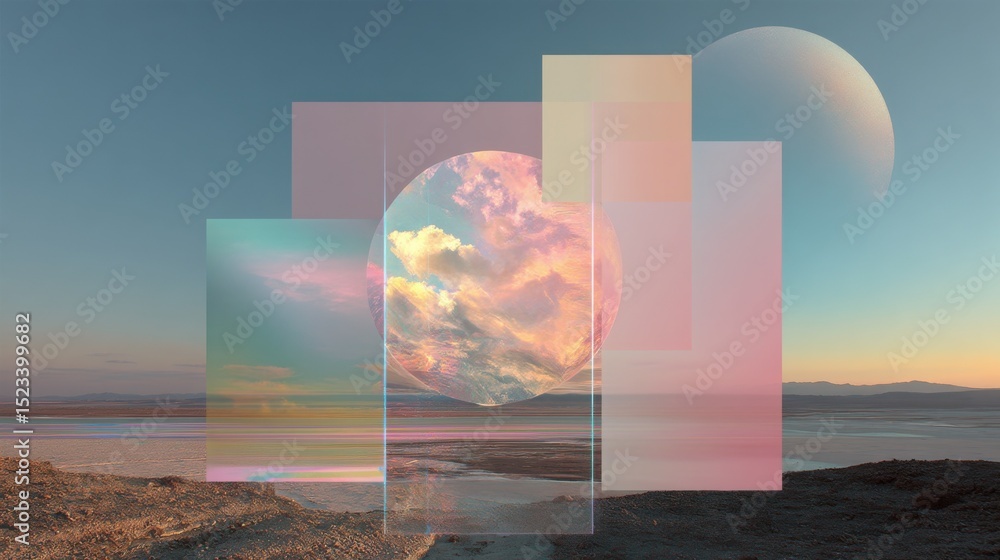 Poster Abstract Landscape With Geometric Shapes and Cloud Sphere, Representing Digital Transformation and Innovative Solutions for Business Growth : Generative AI