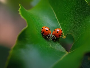 Obraz premium Two Ladybugs on a Green Leaf with a Heart-Shaped Hole, Symbolizing Love and Environmental Awareness for Valentine's Day Cards and Nature Conservation : Generative AI
