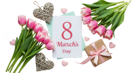 Transparent Background 8 March Tulips Flowers Gift Hearts Celebration