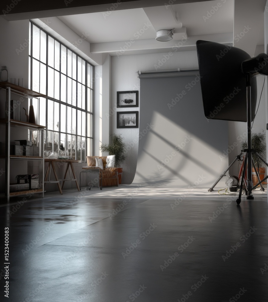 Aufkleber bright photo studio with industrial windows and equipment, ideal for creative projects and content c