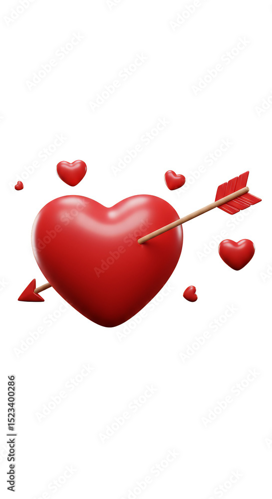 Poster valentines day 3d render red heart arrow on transparent background