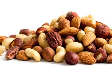 Pile of Mixed Nuts Almonds, Cashews, Hazelnuts and Pecans