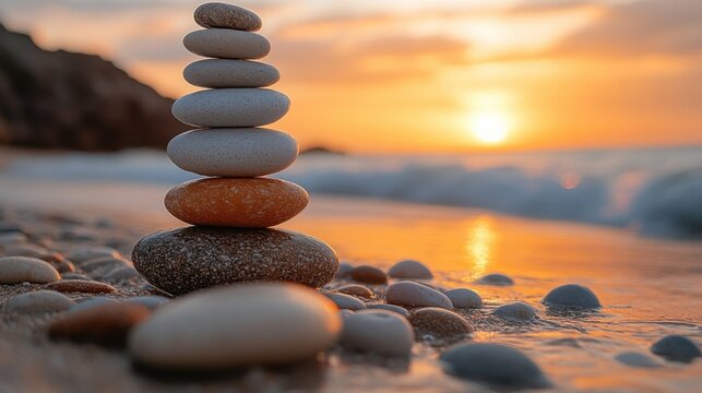 Stacked Stones on Beach at Sunset Representing Balance and Wellness, Ideal for Stress Reduction and Mindfulness Campaigns : Generative AI