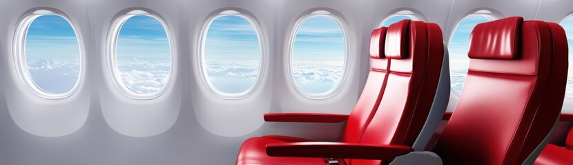 Airplane Seats and Sky View Through Windows, Representing Travel and Vacation Planning : Generative AI