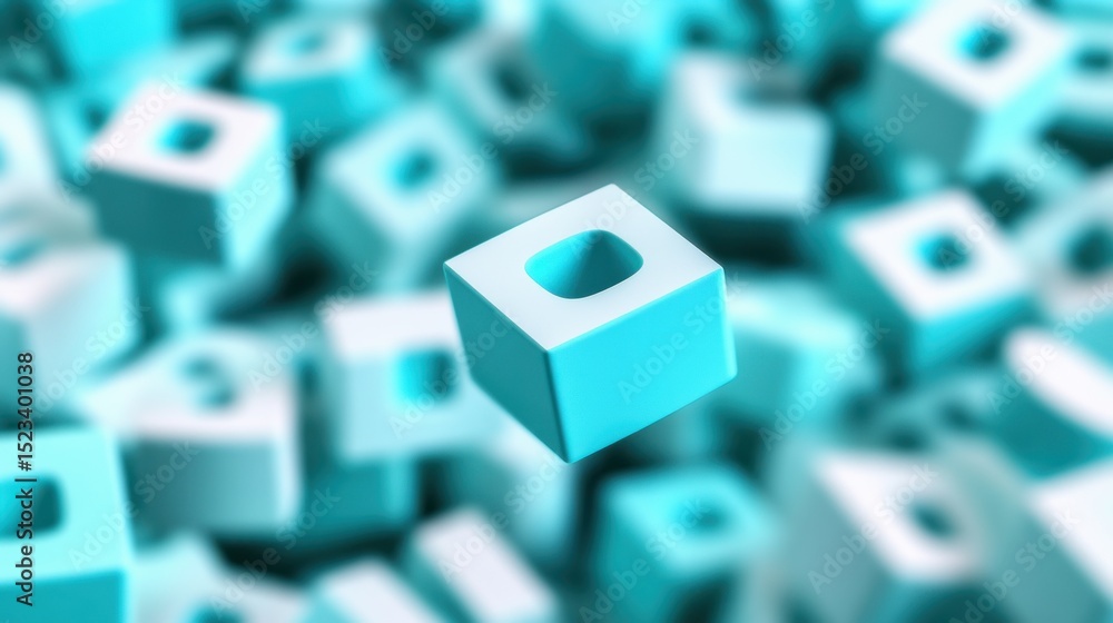 Poster Floating Cyan Cube With Rounded Edges, Symbolizing Innovation and Connection in a Modern Tech Environment, Ideal for Technology Solutions : Generative AI