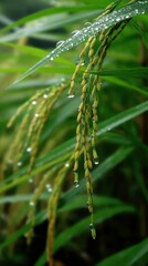 Rice Paddy With Dew Drops, Symbolizing Agricultural Innovation and Sustainable Farming Practices for Food Security and Environmental Stewardship : Generative AI