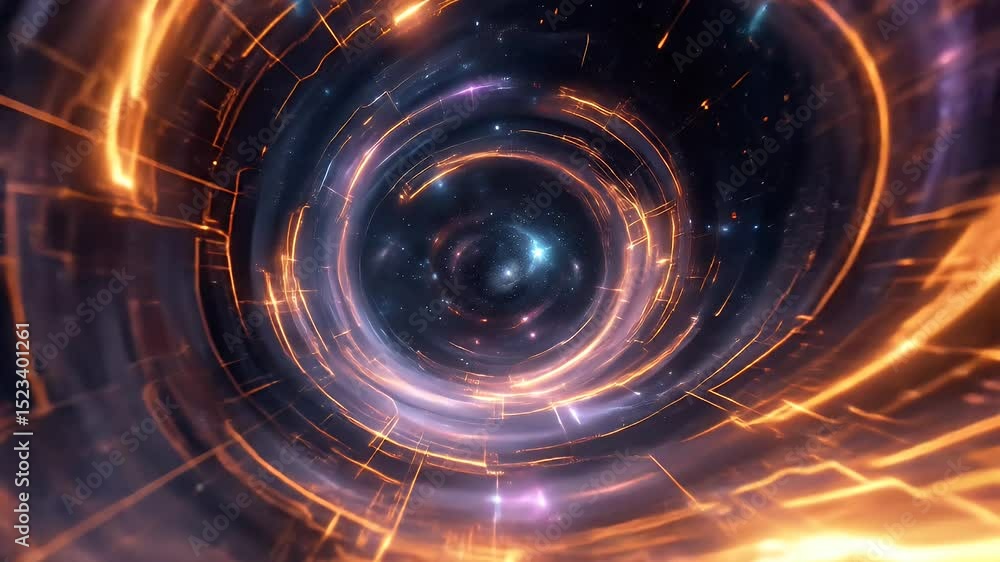 Poster dynamic swirling vortex of vibrant orange glowing light rings and spiral tunnel with digital circuit