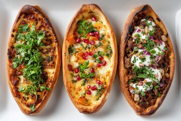 Three Savory Pastries with Herbs and Toppings on a White Plate