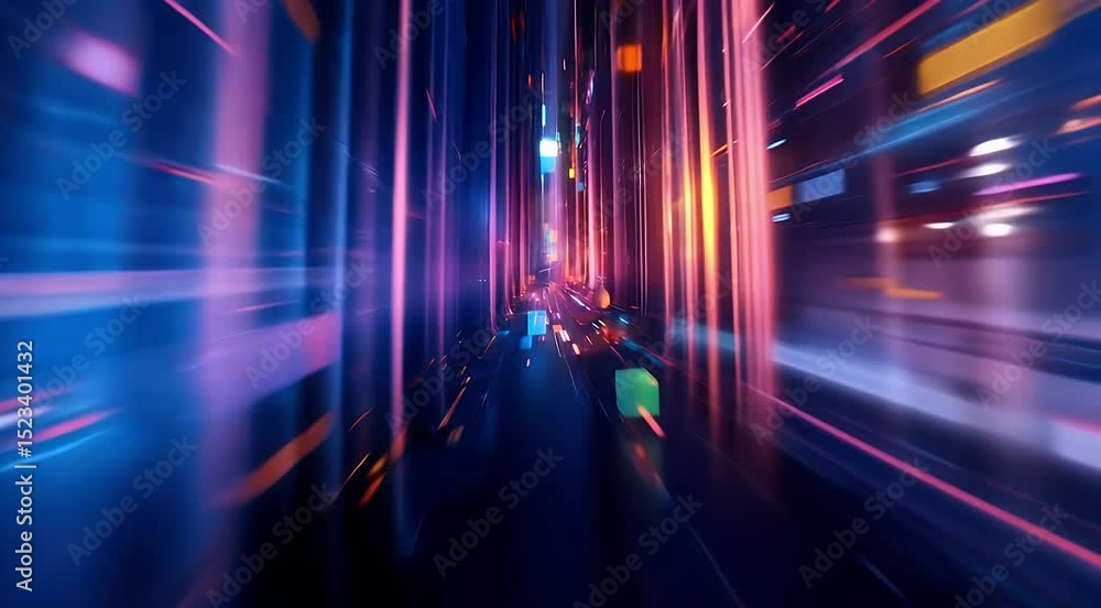 Poster Futuristic digital tunnel with glowing neon light, abstract technology, and dynamic motion creating vibrant and immersive atmosphere