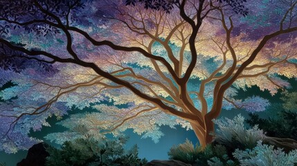 Fototapeta premium Serene Twilight Dreamlike Tree Painting Nature Art Peaceful Landscape Colorful Foliage