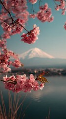 Cherry Blossoms Blooming in Springtime With Mount Fuji in the Background, Representing Renewal and Seasonal Beauty for Travel and Tourism Campaigns : Generative AI
