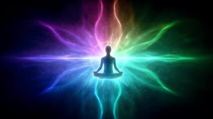 Meditative figure in lotus pose with colorful energy waves radiating in cosmic space, symbolizing spiritual balance and inner peace silhouette - Powered by Adobe