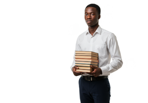 Isolated Portrait of Black Man Holding Stack of Books on Transparent