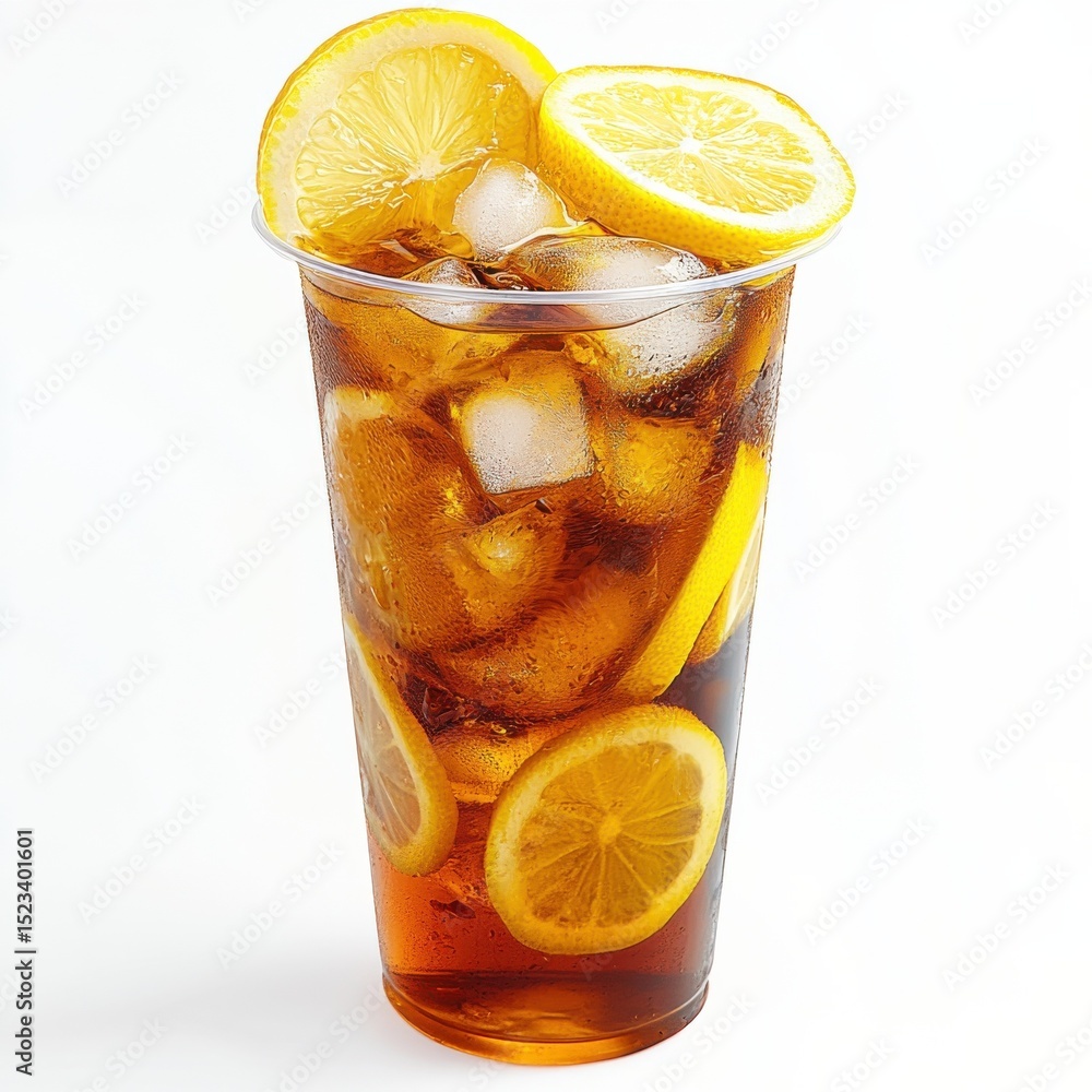 Poster refreshing iced tea with lemon slices in a clear glass, promoting summer relaxation and beverage con