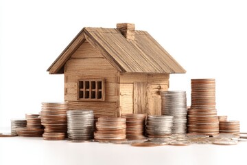 Wooden House with Coin Stacks