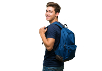 Isolated Portrait Of Young Boy With Backpack On Transparent Background