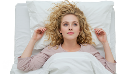 Isolated Portrait Of Young Woman Sleeping On Bed With White Pillow