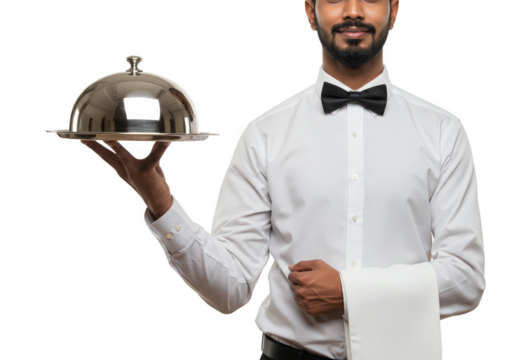 Isolated Portrait of Waiter in White Shirt Holding Silver Tray Food Cloche