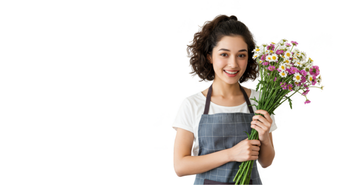 Isolated Portrait of Young Woman Holding Bouquet of Flowers PNG