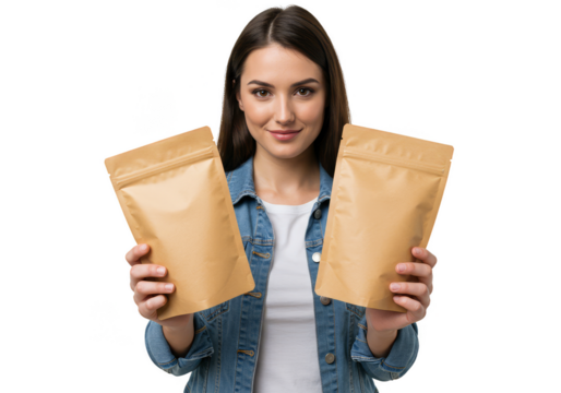 Isolated Portrait Of Young Woman Holding Two Brown Packaging Bags