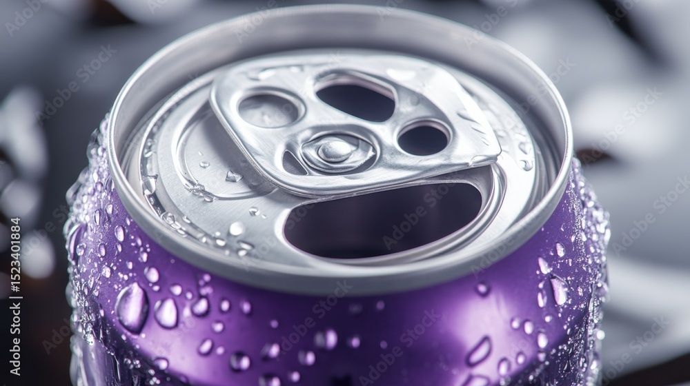 Poster close-up of purple soda can with condensation, illustrating refreshment and summer hydration : gener