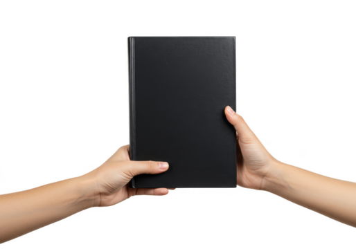 Isolated Presentation Two Hands Hold Black Book on Transparent Background - Powered by Adobe
