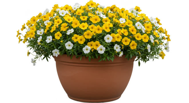 Isolated Potted Yellow and White Million Bells Flowers Transparent BG