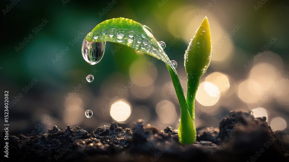 Poster new seedling sprouting from soil with water droplets, symbolizing growth and environmental stewardsh