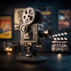 Fototapeta premium Vintage Movie Camera With Clapperboard in Dark Room, Representing Film Production and Cinematic Storytelling, Perfect for Nostalgia and Entertainment : Generative AI
