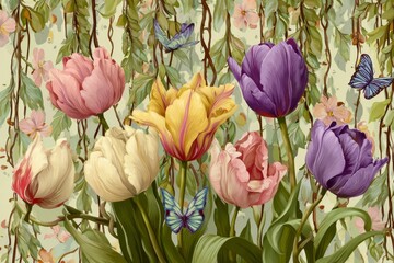 Tulips and Butterflies Vintage Floral Design