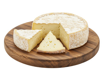 Isolated Round Cheese Form with Slice on Wooden Board and Mold PNG