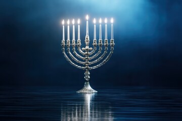 Menorah With Lit Candles Against Blue Background, Symbolizing Celebration and Religious Observance During the Holiday Season, Ideal for Cultural Awareness Campaigns : Generative AI