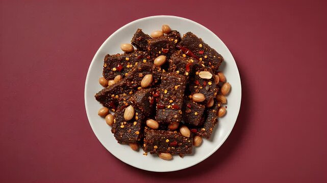 Spicy beef jerky with peanuts on plate