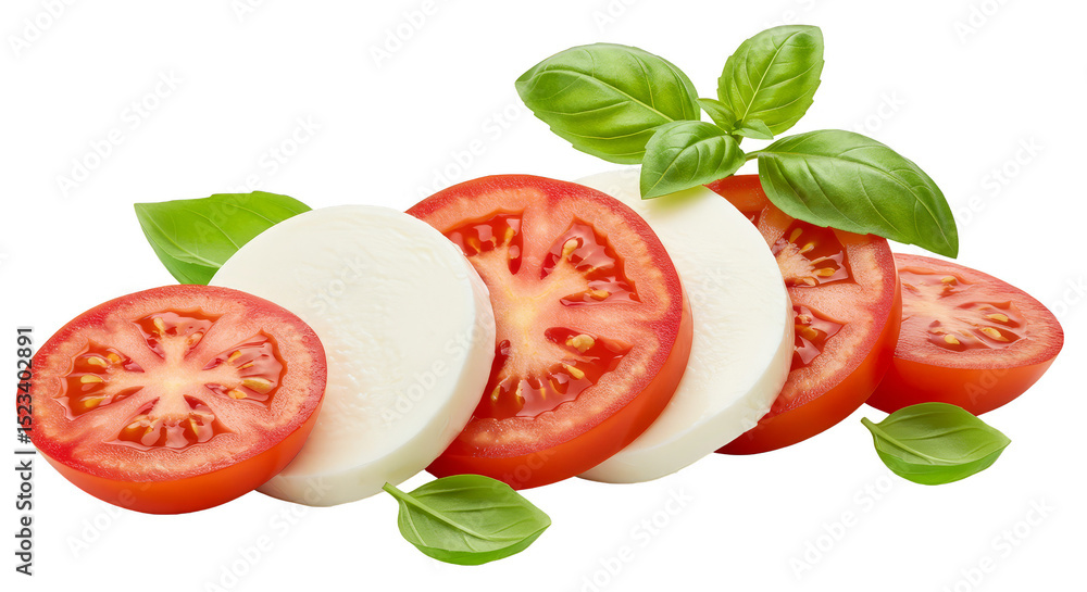 Poster isolated sliced tomatoes with mozzarella and basil on transparent background